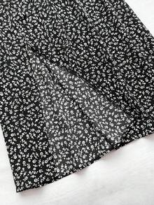 Falda casual de corte medio con abertura, estampado floral pequeño, estilo de ocio y vacaciones, adecuada para otoño e invierno, falda negra, faldas para adolescentes - Blanco y Negro - Ver 5