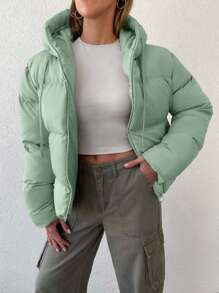 EURMUSE Zippered Hooded Padded Coat With Drawstring Details - Green - View 5