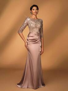 Serin Elegant Luxurious Champagne Embroidered Sequin Lace Satin Sheer Long Sleeve Mermaid Slit Dress, Suitable For Wedding, Party, Vacation, Prom, Evening Gown, Mother Of The Bride, Valentine's Day - Champagne - View 4