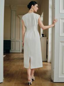 Anewsta Váy dự tiệc cocktail đính hoa đính đá không tay, eo thắt eo cho nữ - trắng - Xem 2