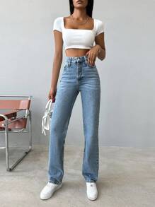SHEIN Tall Tall High Waist Snow Wash Straight Jean Work Clothes Women Jeans For Women Women Jeans High Waisted Women Clothing Jeans Jeans Women High Waist - Medium Wash - View 3