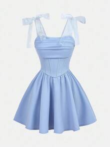 SHEIN Girlism 少女网眼细肩带蝴蝶结褶饰连衣裙，优雅适合春、夏、秋、冬、返校、派对、约会 - 藍色 - 查看 3