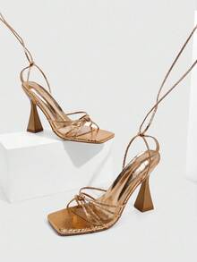 CUCCOO SZL Rose Gold Metallic Strap Tie-Up Metallic Chic Sexy High Heel Square Toe Sandals - Rose Gold - View 2