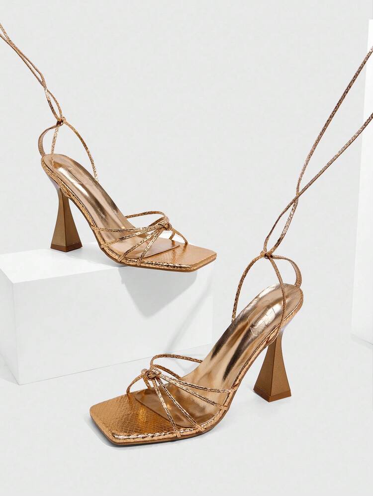 CUCCOO SZL Rose Gold Metallic Strap Tie-Up Metallic Chic Sexy High Heel Square Toe Sandals
