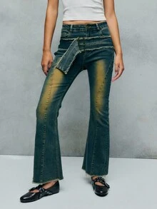 TypaGal Women's Autumn/Winter Casual Flared Jeans With Pockets And Eyelet Button Design - Dark Wash - View 4