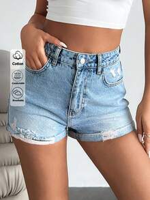 EURMUSE Summer Casual Washed Distressed Denim Shorts - Medium Wash - View 1