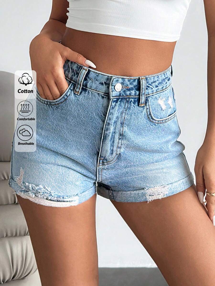 EURMUSE Summer Casual Washed Distressed Denim Shorts - Medium Wash - View 1