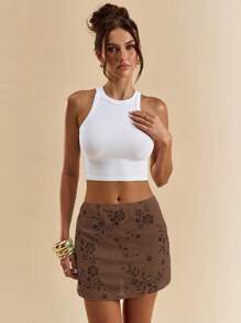 SHEIN BAE 女式夏季度假串珠刺绣迷你裙 - 棕色 - 查看 4