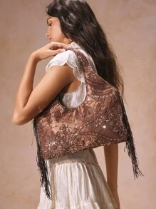 SHECARRY Fashionable Floral Sequin Decorated Tote Bag, Elegant For Daily Use - Coffee - View 1