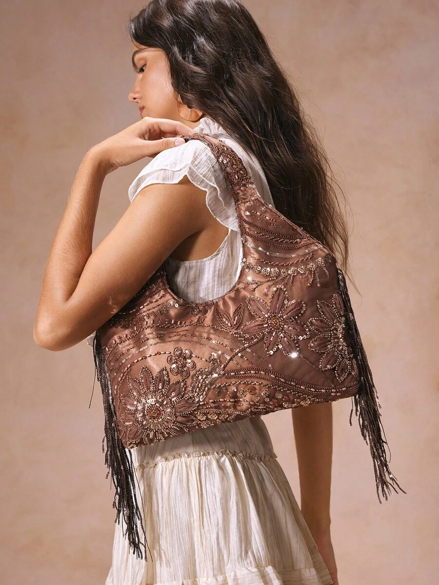 SHECARRY Fashionable Floral Sequin Decorated Tote Bag, Elegant For Daily Use - Coffee - View 1