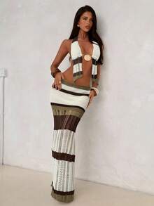 Aloruh 女士春夏新款钩针编织两件套，优雅性感度假风沙滩装，吊带露背短款上衣+超低腰镂空长裙，秋冬新款女士毛衣套装 - 咖啡棕 - 查看 5