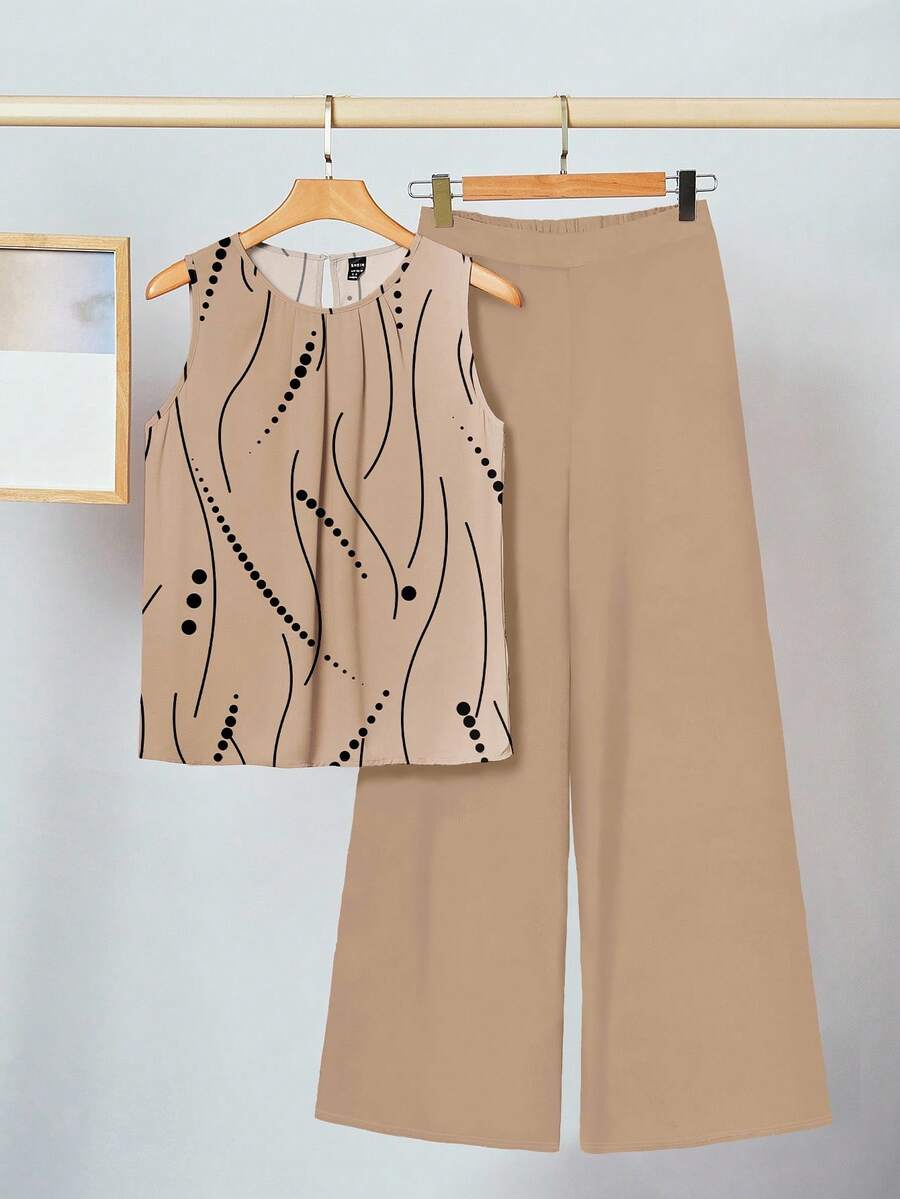 SHEIN Clasi 2 件套女士休闲波尔卡圆点印花无袖衬衫和阔腿裤套装，适合夏季 - 卡其色 - 查看 1