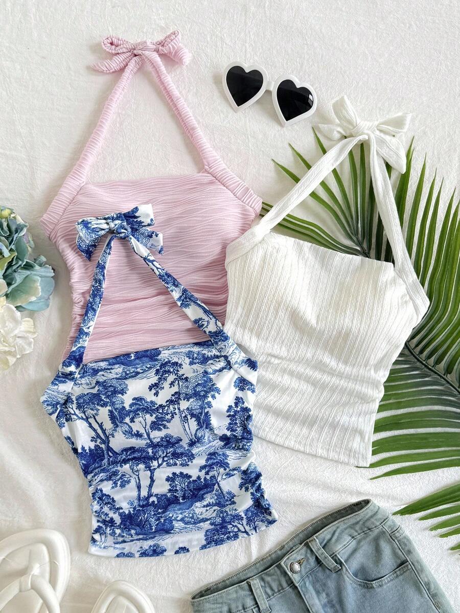 SHEIN 3件套青少年女孩休闲针织无袖挂脖背心 - 淺粉色 - 查看 1