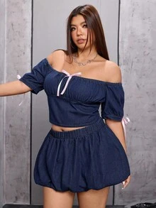 SHEIN ICON 大码女式时尚休闲蝴蝶结装饰露肩上衣 - 深色水洗藍 - 查看 3