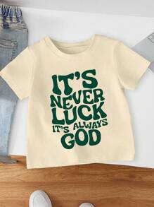 SHEIN Young Girl Casual Minimalist English Letter Print Short Sleeve Round Neck T-Shirt, Suitable For Summer - Apricot - View 1