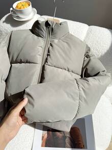 Teen Girls' Short Zip-Up High Collar Padded Coat, Casual Commuter Wear, Autumn/Winter Fall - Grey - View 5