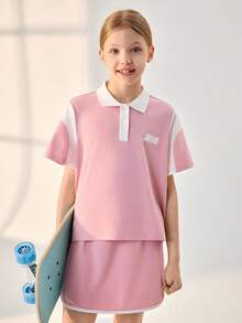 JNSQ Blusa suelta con cuello polo y bloques de color para niña preadolescente, de vuelta al colegio - Rosa - Ver 3