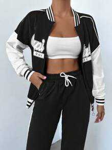 EURMUSE 字母圖案落肩袖飛行員夾克&腰部抽繩衛褲