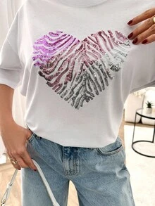 RueChic Casual Minimalist Sequin Heart Graphic Loose Fit Women Short Sleeve T-Shirt, Seasonal T-Shirt Woman