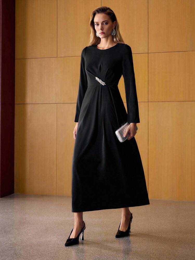 RHINESTONE DECOR FOLD PLEATED DRESS