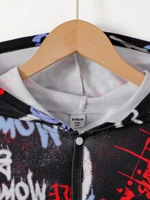 男士红蓝连帽连体裤，涂鸦笑脸元素，休闲街头个性夸张动感 - 黑色 - 查看 3