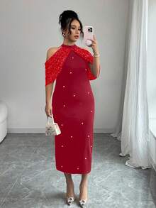 Elenzga Plus Size Women Cold Shoulder Metallic Foil Sleeveless Bodycon Dress, Elegant And Chic - Red - View 1