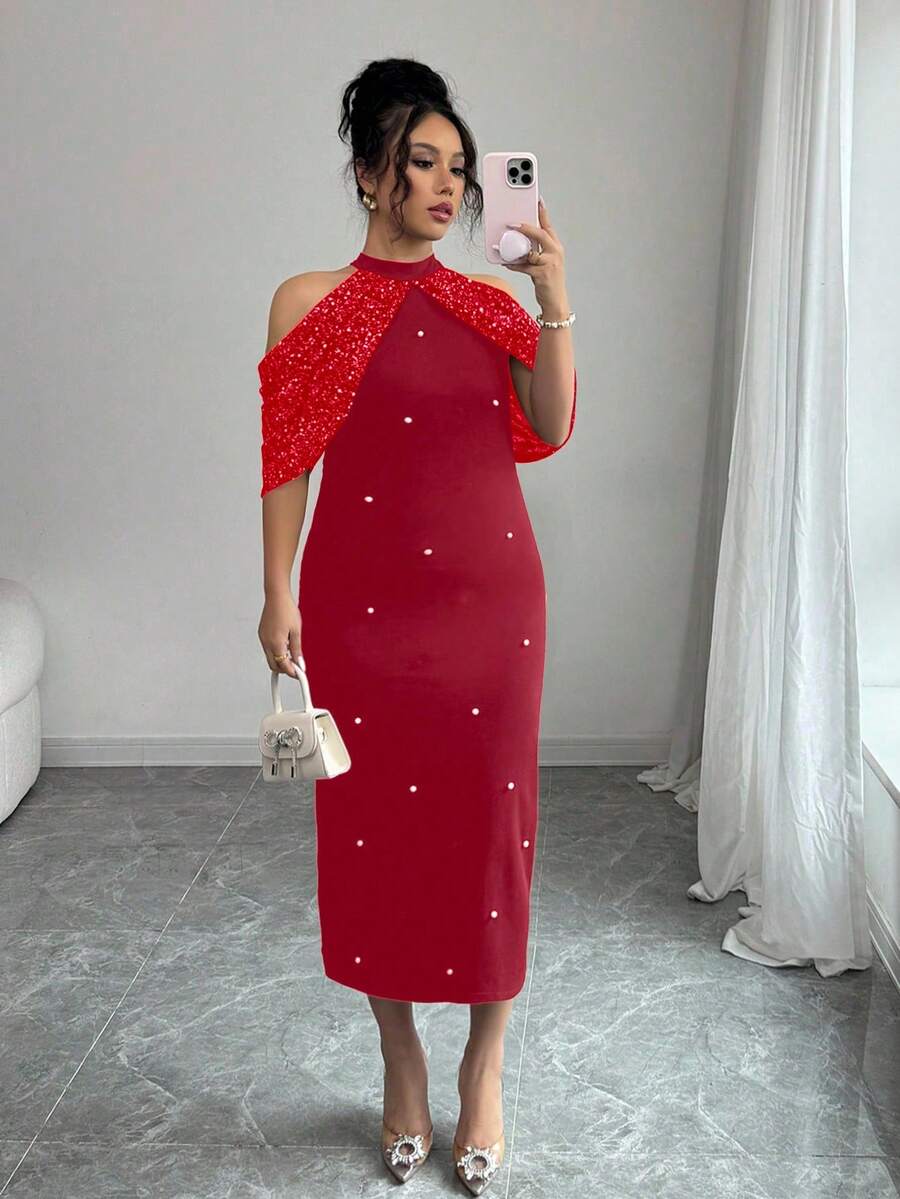 Elenzga Plus Size Women Cold Shoulder Metallic Foil Sleeveless Bodycon Dress, Elegant And Chic - Red - View 1