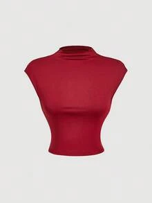 SHEIN MOD Light Yellow 2 Pieces Set: Stand Collar Top And Fitted Skirt - Burgundy - View 7