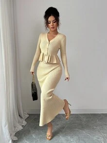 Elenzga 2pcs/Set Apricot V-Neck Ruffle Trim Cardigan And Long Dress Fall Winter Cloth For Women - Khaki - View 3