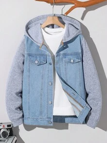 SHEIN Mirajuku Casual Fashion Simple Patchwork Denim Hoodie Jacket For Tween Boys, Loose Fit, Comfortable, Versatile, Suitable For Autumn, Spring, Winter, Daily Wear, Commuting, Outdoor, School, Streetwear, Party, Photography Fall - Multicolor - View 5