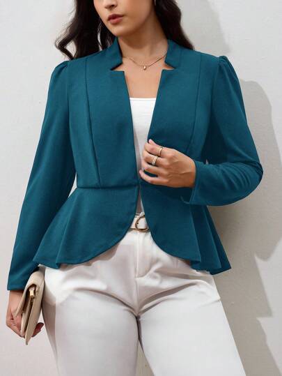 SHEIN Clasi Plus Notched Detail Ruffle Hem Blazer,Business Casual Woman In Fall/Winter