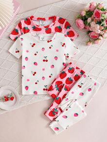 SHEIN 4 件套少女草莓图案针织柔软圆领短袖上衣和松紧腰紧身裤睡衣套装 - 彩色 - 查看 2