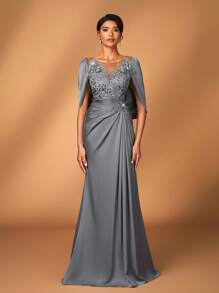 Serin Elegant Luxurious Embroidered Lace Sequin Patchwork Elastic Satin Ruffle Sleeve Mermaid Hem Dress, Suitable For Wedding, Party, Bachelorette Party, Vacation, Gala, Evening, Mother Of The Bride Dress, Valentine's Day - Army Green - View 7