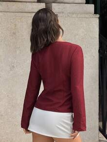 Siren Gaze Chemise à manches longues avec design asymétrique pour femmes, chemise à boutons métalliques col V, rouge vin - Rouge foncé - Voir 9