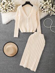 Franclia 女士通勤优雅旅行搭配纹理针织开衫和裙子毛衣套装 - 杏色 - 查看 1