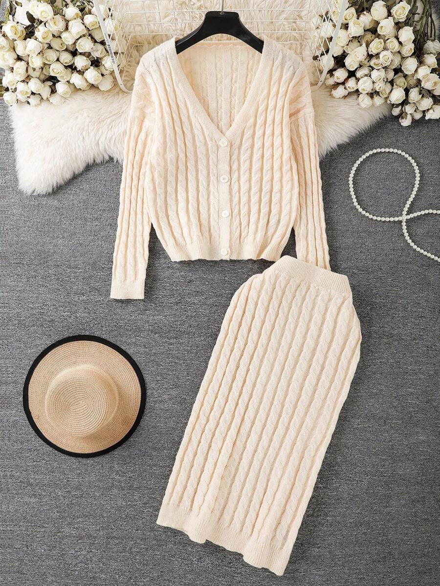 Franclia 女士通勤优雅旅行搭配纹理针织开衫和裙子毛衣套装 - 杏色 - 查看 1