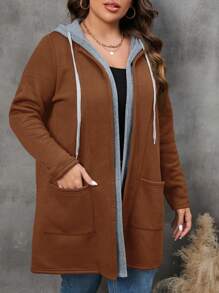 SHEIN LUNE 冬季女装两用口袋抽绳连帽大衣 - 棕色 - 查看 4