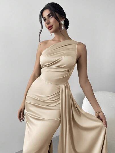 Firerie Women's Ruched Flounce One Shoulder Pleated Dress, Suitable For Party, Ball, Evening Gown, Elegant, Banquet, Date Night, Sexy, Cocktail Party, Graduation Ceremony,Prom Dress,Fall Wedding Guest Dress,Wedding Guest Dress Women