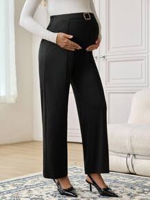 SHEIN Maternity Solid Color Waist Buckle Design Wide Leg Loose Elegant Office Pants - Black - View 3