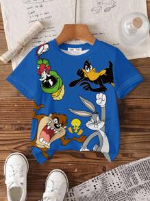 LOONEY TUNES X SHEIN Young Boy 2pcs/Set Casual Cartoon Graphic Crew Neck Short Sleeve T-Shirts, Blue & Apricot, Summer - Multicolor - View 9