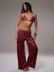 MUSERA Sequin Low Rise Trousers Vacation Summer Ibiza Fits Party Sparkly Festival - Burgundy - View 3
