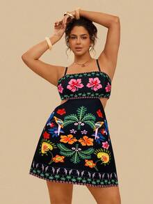 Travachic Plus Size Tropical Colorful Parrot Print Hollow Back Sleeveless Casual Summer Holiday Dress - Black - View 4