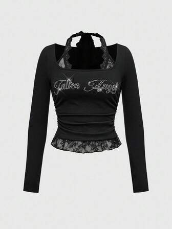 ROMWE Avant T-shirt a maniche lunghe aderente da donna con collo a ciurlo, patchwork di strass e pizzo, stile punk