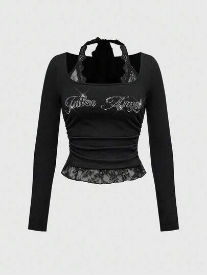 ROMWE Avant Punk Bro Letter Rhinestone & Lace Patchwork Crew Neck Fitted Women Long Sleeve T-Shirt