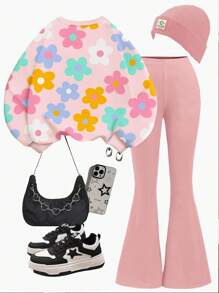 SHEIN 柔和的淡粉色，可爱甜美的多巴胺花朵图案，青春期女孩休闲宽松圆领运动衫和喇叭裤套装，适合秋冬季，秋季服装，轻松舒适，适合青春期女孩的秋季分层服装，时尚青春期女孩，休闲装，青春期女孩图案服装，返校，秋季服装 - 彩色 - 查看 2
