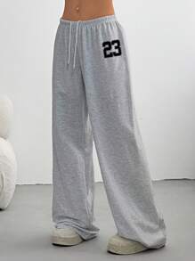 SHEIN EZwear 女式休闲抽绳腰宽松运动裤，适合日常穿着和返校季，印有数字 23 - 淺灰色 - 查看 4