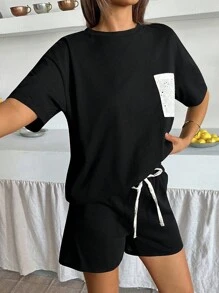 EURMUSE Quần Short Nữ Màu Trơn Thoải Mái Vừa Vặn Thường Ngày Tay Ngắn Thêu Phía Trước Túi Vá Và Eo Thun Dây Rút Ngắn Thường Ngày - màu đen - Xem 5