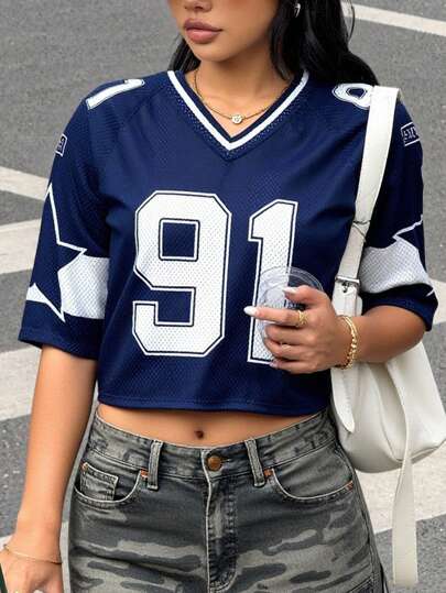 SHEIN Teen Girls' Blue Ribbed V-Neck Contrast Color Numeric & Star Print Loose Fit Sweatshirt T-Shirt Girls Football Jersey Kids Football Jersey Football Jersey Youth Football Jersey Girls Football Shirt