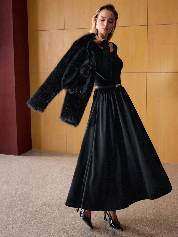 BELTED FLOWY SWEATER DRESS