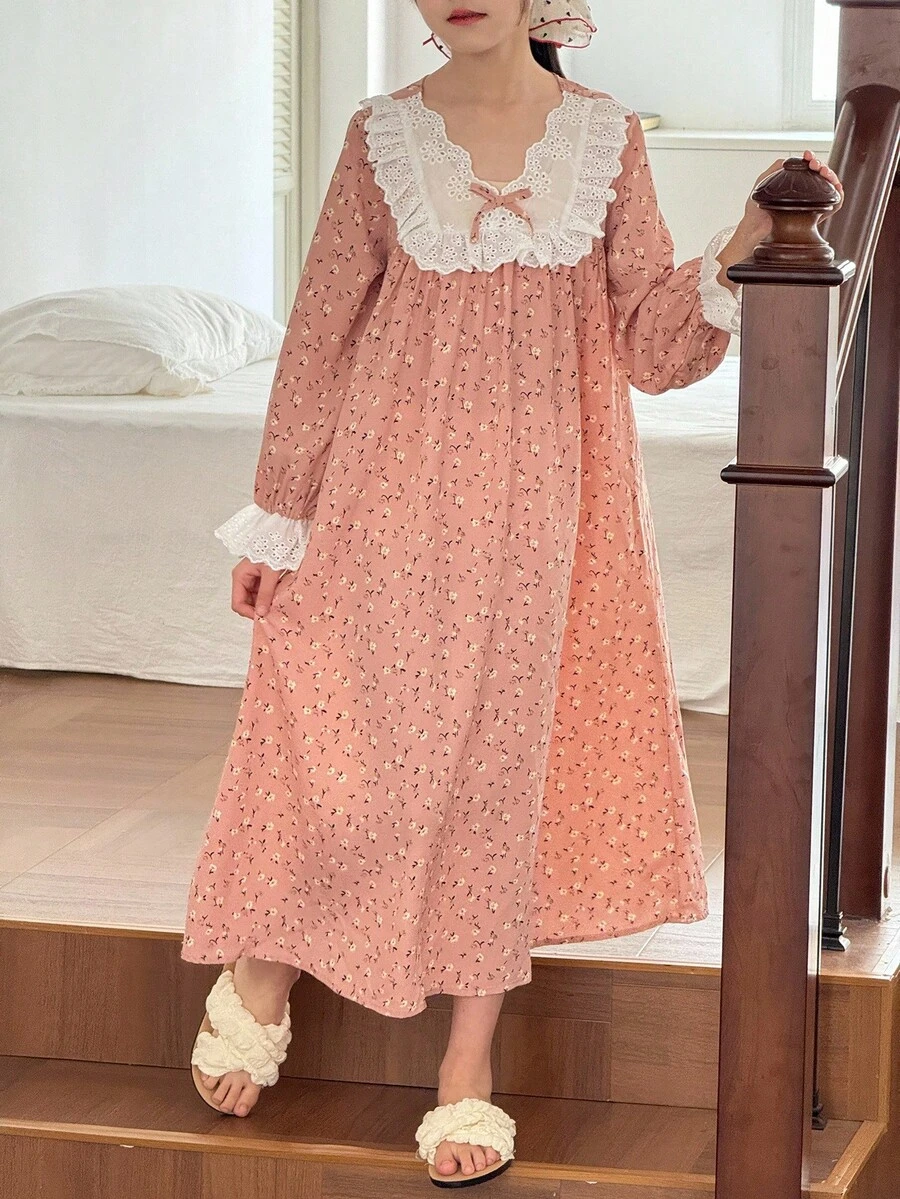 Tween 女童碎花 V 领长袖宽松休闲睡袍,度假休闲碎花长袖连衣裙 - 粉色 - 查看 1